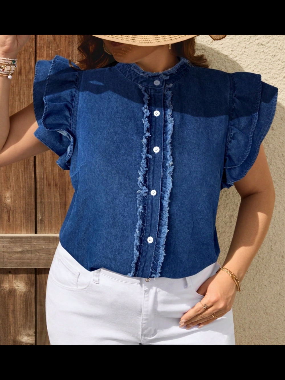 SHEIN Dark Blue Denim Ruffle Sleeve Button-Front Top